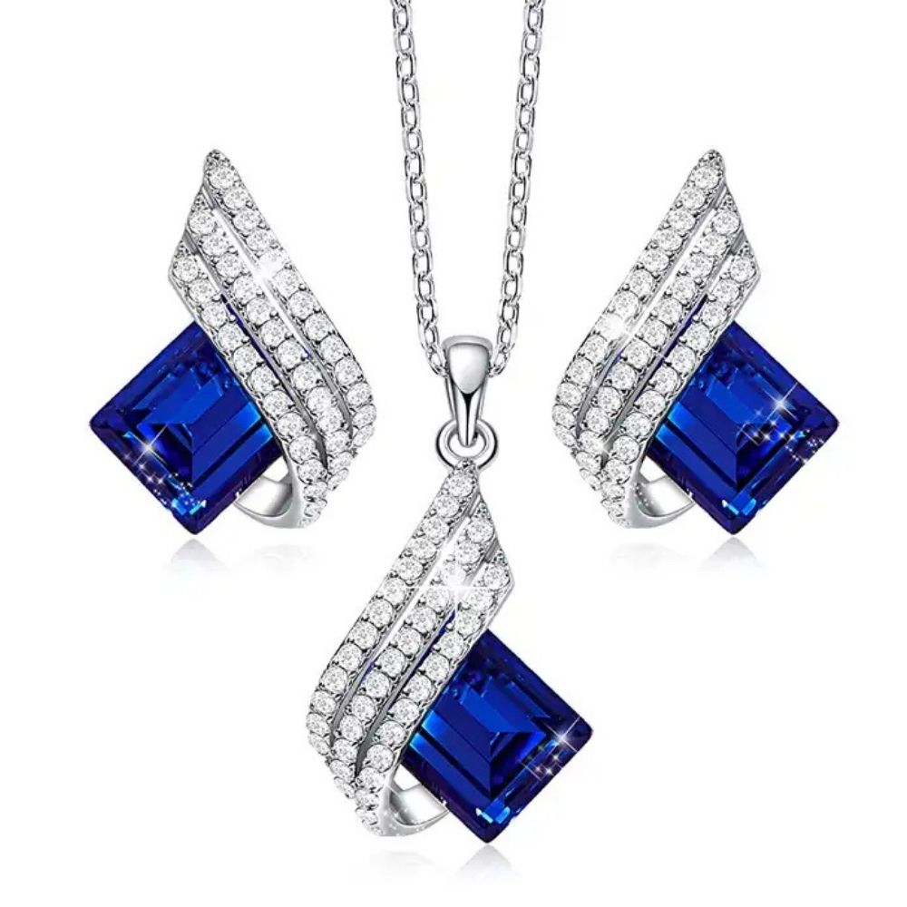 Kristal Taşlı Lacivert Kolye ve Kupe Set (Altın Kaplama) - N02314set